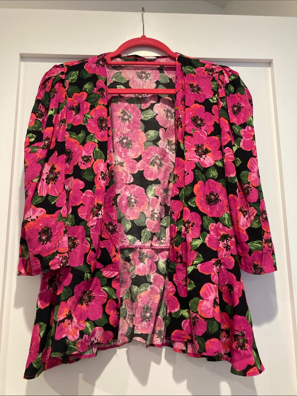 Zara Open-Front Floral Blazer in Hot Pink and Black